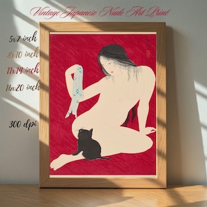 Vintage Japanese Nude Art Print – Sensual Woman With Black Cat – Shunga