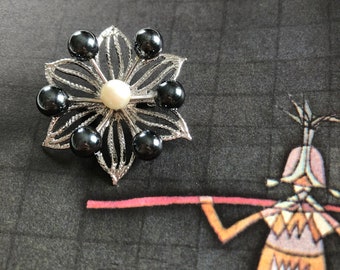 ON SALE - Vintage Flower Pin - sterling, hematite & pearl brooch