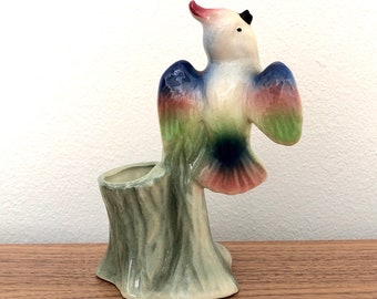 1950s vintage ceramic bird planter - blue green pink / Cockatiel