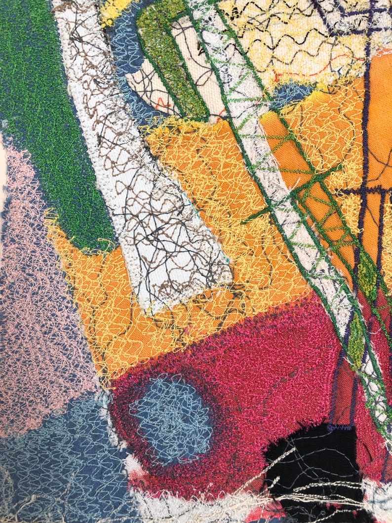 1960s 1970s fabric art collage by architect and modernist Robert Vale Faro Vintage free motion sewing art
