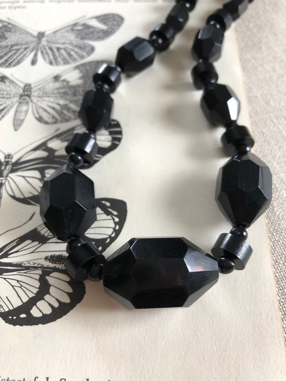 Black Bakelite Beaded Necklace - faceted vintage b