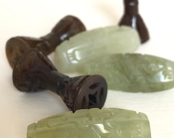 carved jade beads - asian style focal bead - barrel bead cylinder shape jadeite