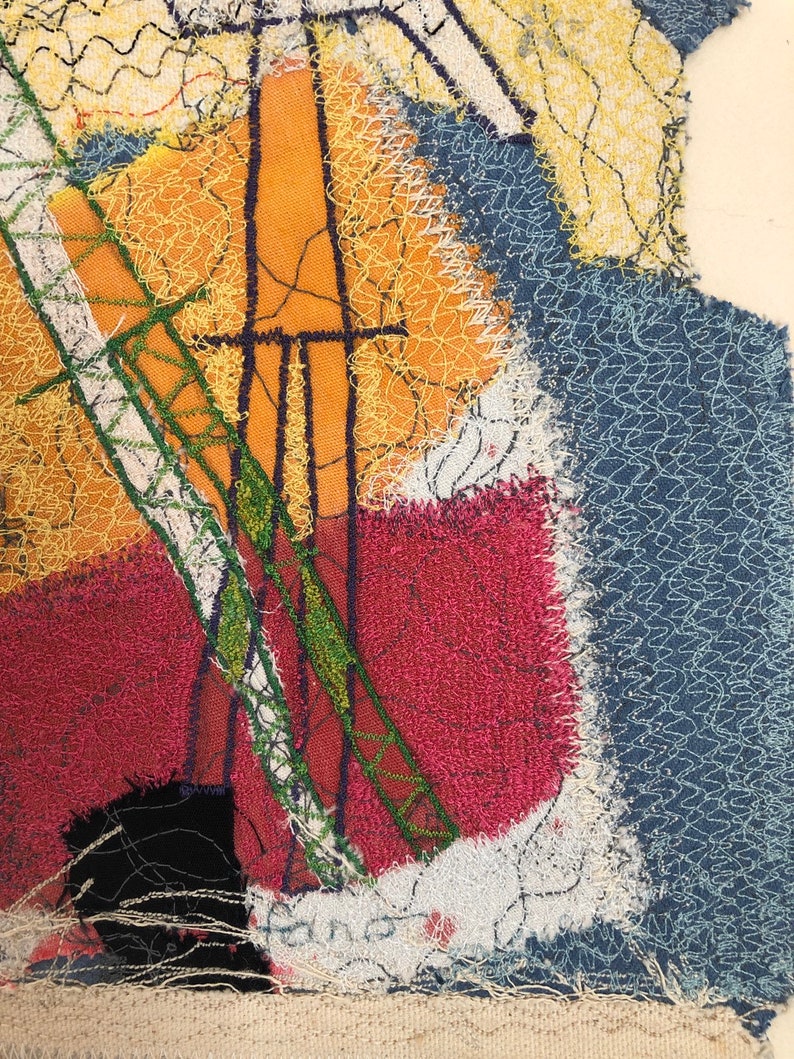 1960s 1970s fabric art collage by architect and modernist Robert Vale Faro Vintage free motion sewing art