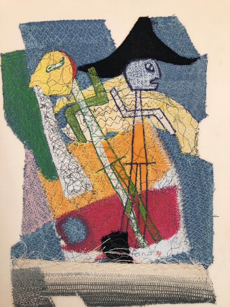 1960s 1970s fabric art collage by architect and modernist Robert Vale Faro Vintage free motion sewing art
