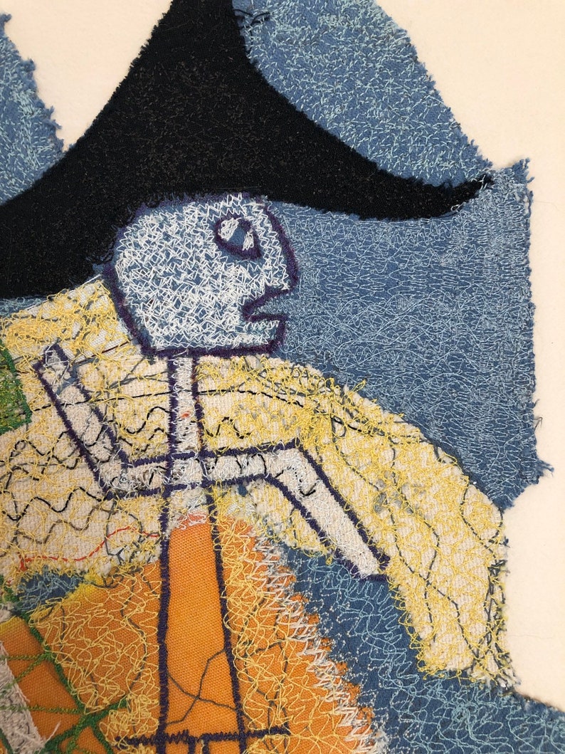1960s 1970s fabric art collage by architect and modernist Robert Vale Faro Vintage free motion sewing art