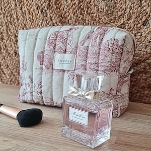 Trousse de toilette toile de jouy, trousse à maquillage, trousse à compartiments, trousse de toilette panier, trousse vintage