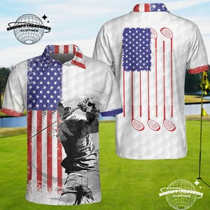 Polo de manga corta de golfista estadounidense, elegante diseño de palo de golf con bandera estadounidense, camiseta de golf patriótica para hombre, regalo para amantes del golf.