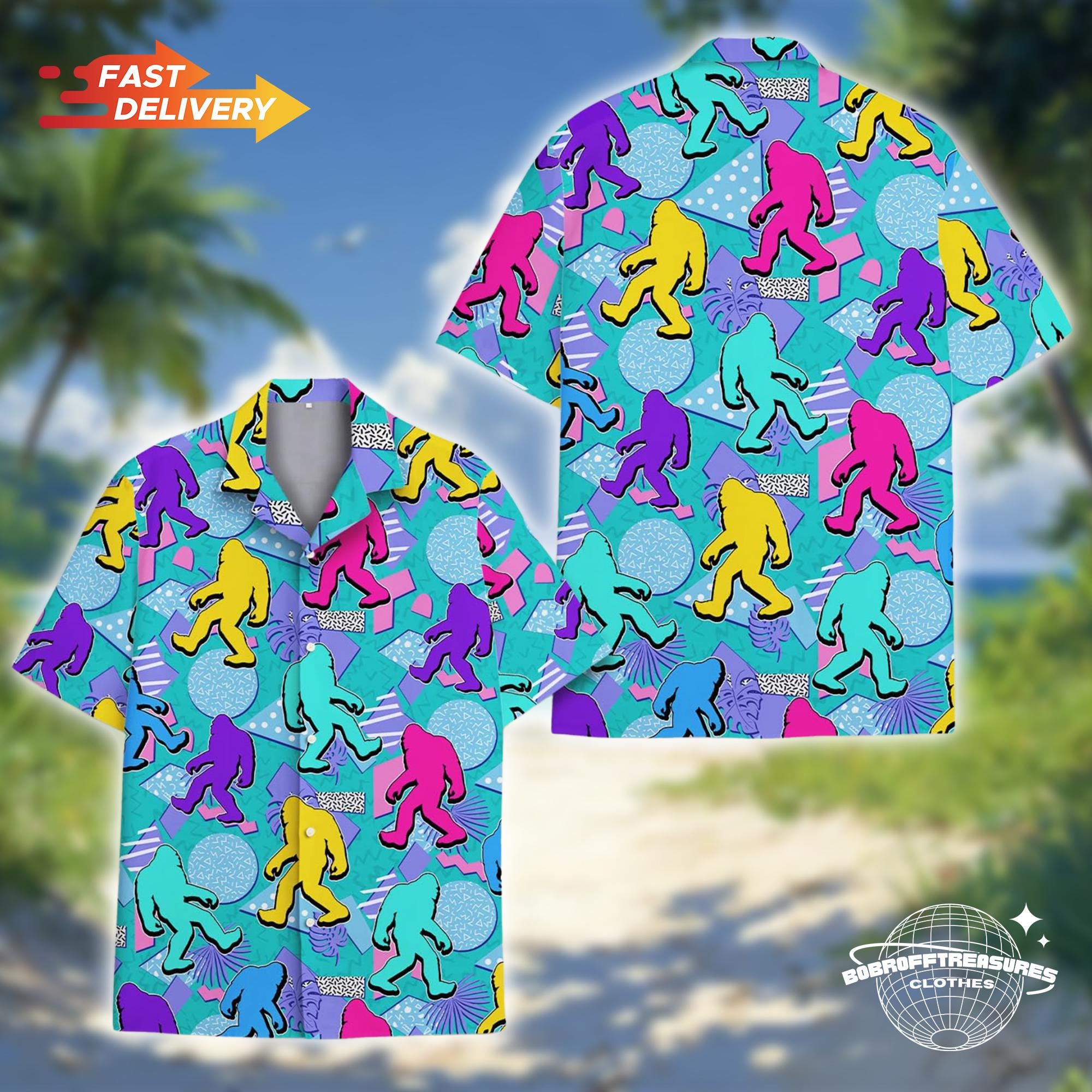 Retro Bigfoot Hawaiian Shirt, Vintage Blue Camp Shirt for Casual Wear, Gift for Outdoor Enthusiasts