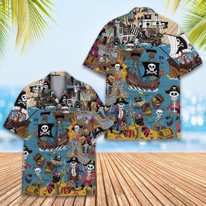 Piraten Hawaiihemd für Männer Frauen, Piraten Skelett Hemd Sommer Strand Kurzarm, Piraten Geschenke für Männer, Aloha Sommer Hemd, Piratenliebhaber
