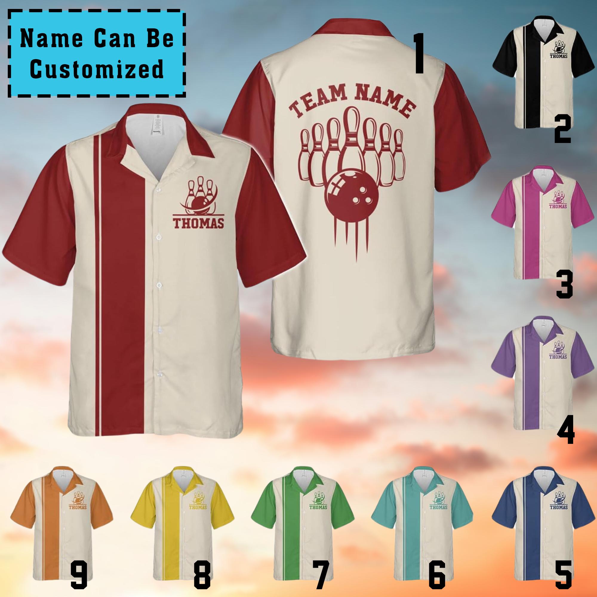 Camicie da bowling retrò personalizzate per uomo, camicie casual vintage a maniche corte con bottoni, amante della squadra di bowling, camicie hawaiane da bowling, squadra di bowling