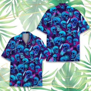 Blue Skull Hawaiian Shirt Men Kid Youth, Skull Button-Up Short Sleeve Shirt, Gothic Aesthetic Shirt, Unique Vacation Outfit, Skull Lovers