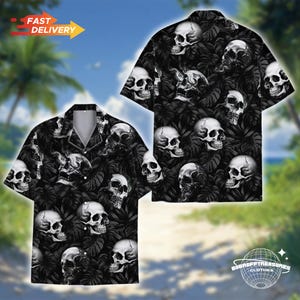 Tropical Skull Hawaiian Shirts for Men Women, Black Skull Hawaiian Shirt Aloha Summer Beach Shirt Short Sleeve Button Down,Skull Lovers Gift