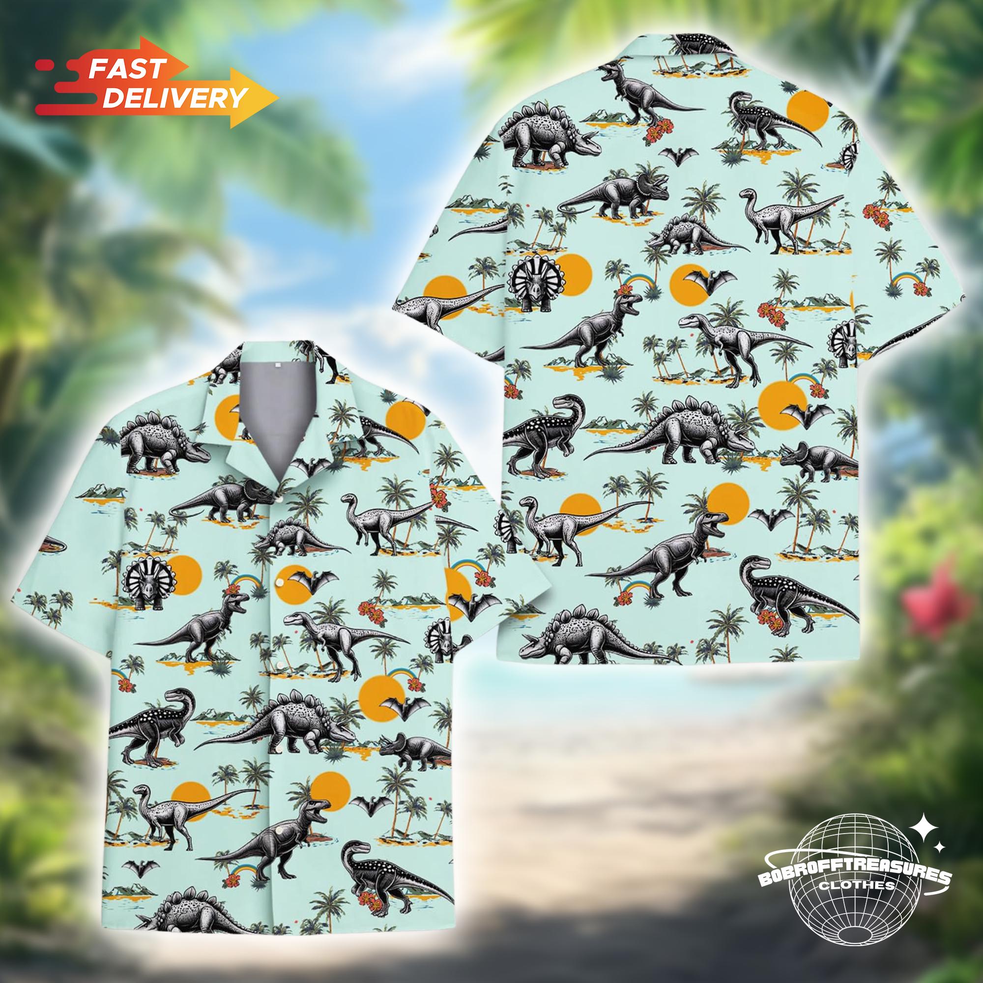 Dinosaur Summer Hawaiian Shirt, Vibrant Tropical Dino Print for Beach and Vacation Wear, Gift for Dinosaur Lovers