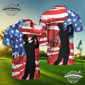 Polo de golf de manga corta con diseño de bandera estadounidense con pintura húmeda, ideal como regalo de golf.