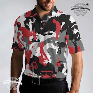 Camouflage Golf Polo Shirt with Golfer Silhouette Pattern, Stylish Camo Golf Shirt for Men, Golf Apparel Gift