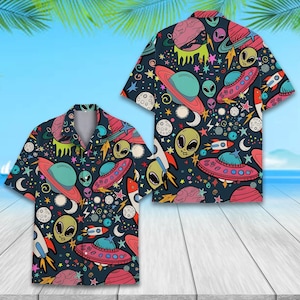 Camisa hawaiana vintage de extraterrestres para hombres y mujeres, camisa hawaiana de extraterrestres y ovnis, camisa de manga corta de extraterrestres, camisa con temática espacial galáctica, regalos para amantes de los extraterrestres