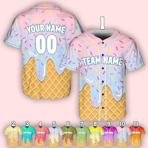 Custom Ice Cream Baseball Jersey – Personalized Name, Number & Team Shirt – Dripping Sprinkle Waffle Cone Button-Up for Kids, Teens n Adults