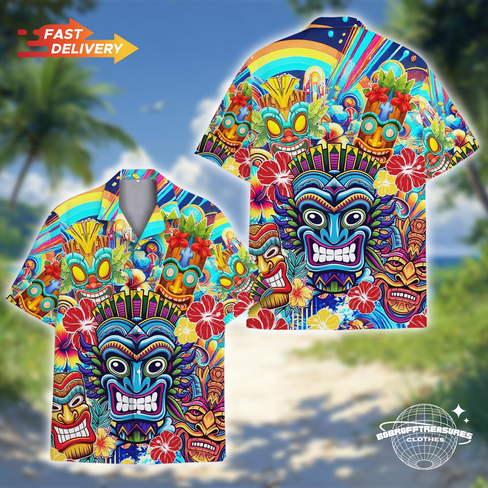 Camisa havaiana Tiki para homens e mulheres, camisa Tiki de manga curta com botões, camisa com estampa tropical para coquetéis, presente de Natal Tiki