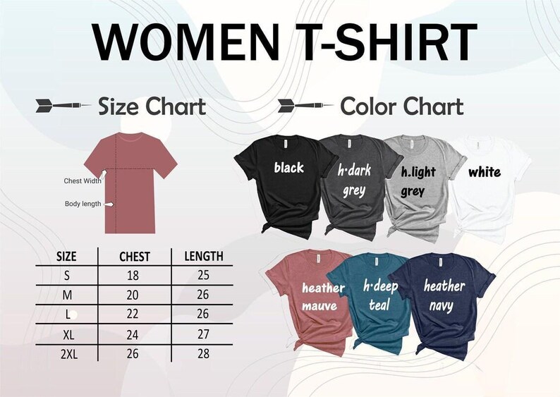 a women's t - shirt size chart with different colors