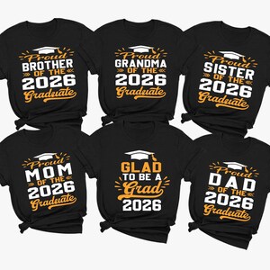 six black t-shirts with text and graphics related to graduation, celebrating the achievements of the graduates.