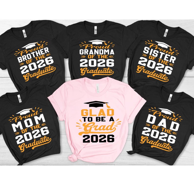A collection of six t-shirts with graduation-themed designs, including text and graphics, arranged in two rows of three.