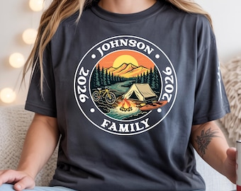 Personalized Camping Shirt with Family Name, Custom Family Reunion Camping Tee, Crew Shirt 2026, Campfire Mountain Graphic Outdoor Tee