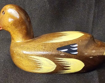 Pato de madera vintage tallado y pintado de 7,5"