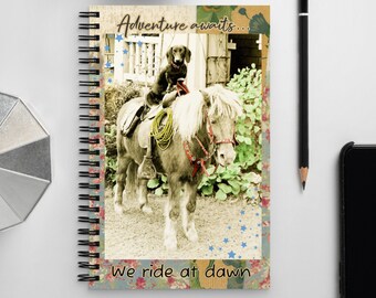 Spiral Notebook Vintage Photo Western Cowgirl Pony with Dachshund Dog Riding