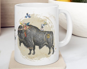 Boho Southwest Animal Lover Coffee Gift Mug Buffalo Westie Dog and Blue Jay Bird