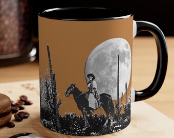 Vintage Photo Cowgirl on Horse in Desert with Cactus Landscape Western Coffee Tea Mug