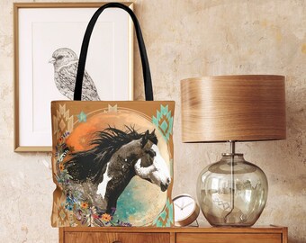 Southwest Western Wild Pinto Horse Tote Shopping Bag