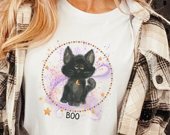 Halloween Original Art Boo Kitty Black Cat with Moon Necklace