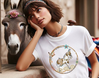 Boho Southwest Donkey & Bluebird Art T-Shirt