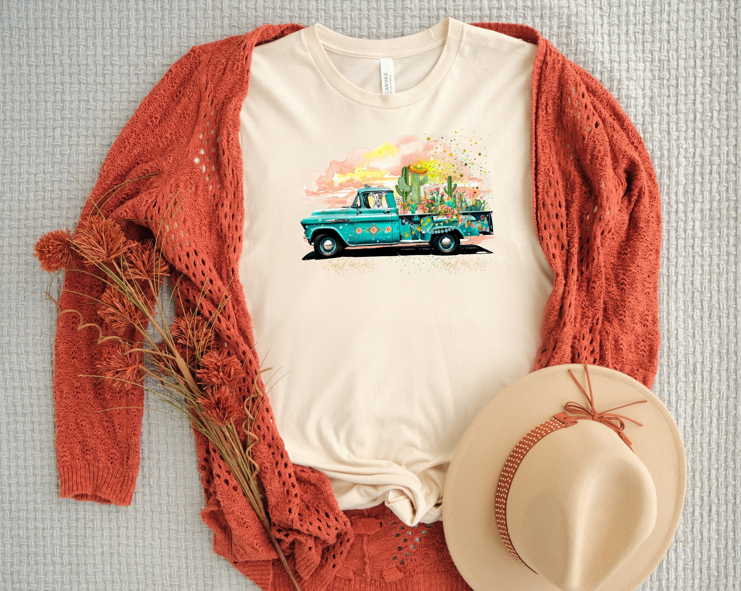 Vintage Chevy Truck Full of Cactus and Flowers Dog Driver Whimsical Boho Tee Shirt