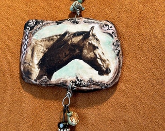 Art Photo Wild Black Stallion Hand Crafted Mixed Media Horse Lover Beaded Western Southwest Necklace