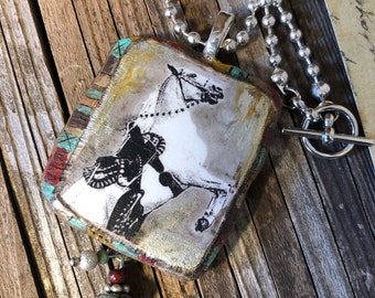 Vintage Photo Western Cowgirl Horse Handcrafted  Southwest Mixed Media Pendant Necklace