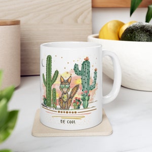 Funny Coyote Desert Scene Cactus Mug with Quote