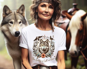 Wolf Goddess Vision & Light Theia Southwest Boho Wildlife Tee Shirt Help Wolves Raise Awareness