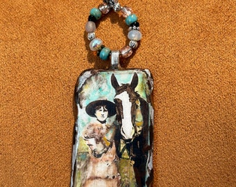 Vintage Western Cowgirl & Horse Photo Beaded Western Necklace