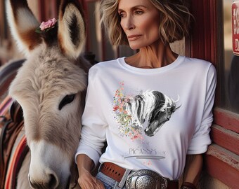 Wild Pinto Horse Picasso with Wildflowers Southwest Boho Long Sleeve Tee Shirt