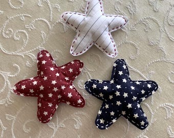 Patriotic Star Ornaments Set of 3, Red, White, Blue Farmhouse Stars, Bowl Fillers, Tiered Tray Decor