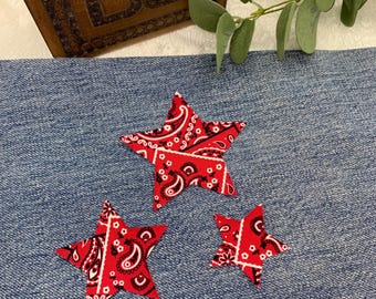 Red Bandana Star Appliqués, Set of 3 Iron On Stars in Different Sizes, Star Patches