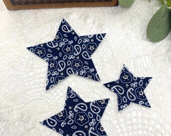Blue Bandana Star Appliqués, Set of 3 Iron On Stars in Different Sizes, Star Patches
