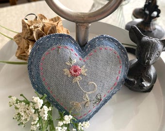 Heart Ornament, Denim Heart Bowl Filler, Heart Mini Pillow, Gift for Mom
