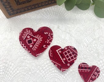Red Bandana Heart Appliqués, Set of 3 Iron On Hearts in 3 Sizes, Red Heart Patches