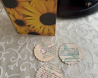 Vintage Book Pages with Nature Themed Stamped Designs, Aged Book Pages, Junk Journal Supplies