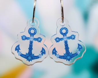 Navy Blue Anchor Earrings, Floral Nautical jewelry