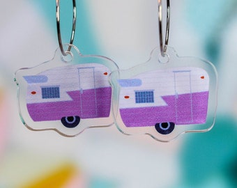 Purple Retro Camper Earrings, Trailer Dangles