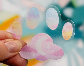 Pegatina de vinilo transparente con diseño de pata de gato y cielo nublado