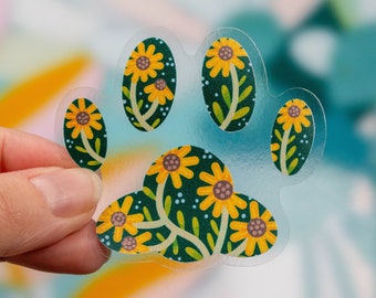 Clear Cat Paw Green Floral Vinyl Sticker